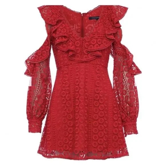 FRENCH CONNECTION Red Lace Ruffle Cold Shoulder Mini Dress Party Cocktail 8 - Picture 1 of 10